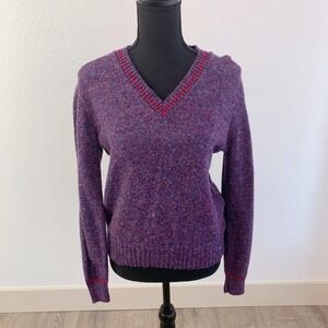 Vintage 70s Garland Purple V-Neck Marled Wool Blend Sweater Medium